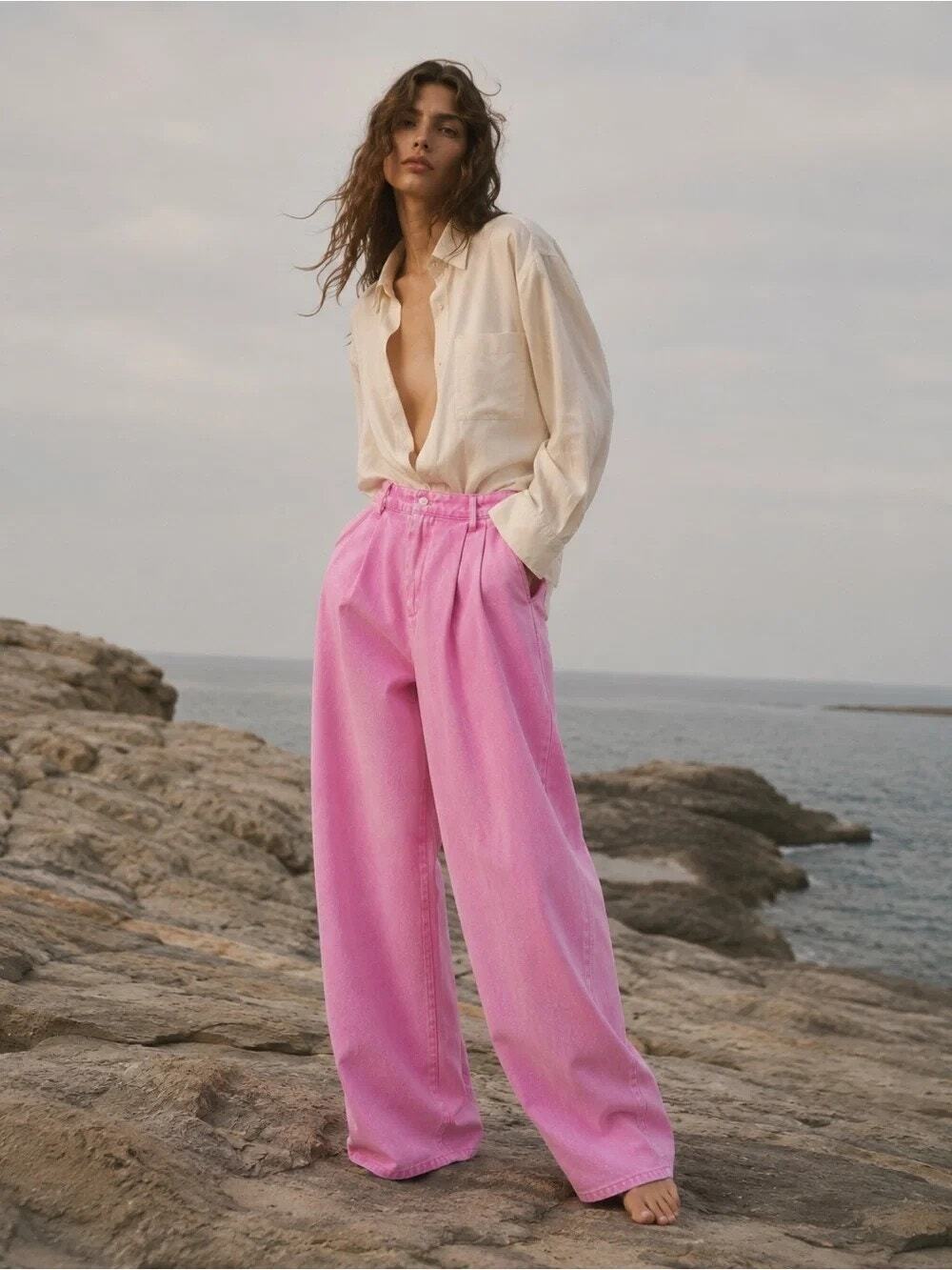 AVEC LES FILLES High Waist Wide Leg Jeans Bubble Gum Pink pleated SZ-30